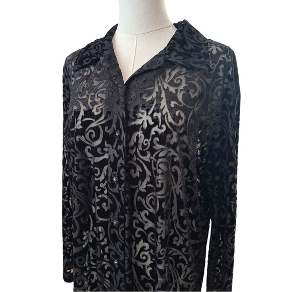 Women's XL Black Burnout Velvet Whimsical Goth Collared Button-Up Sheer Blouse - Picture 3 of 7